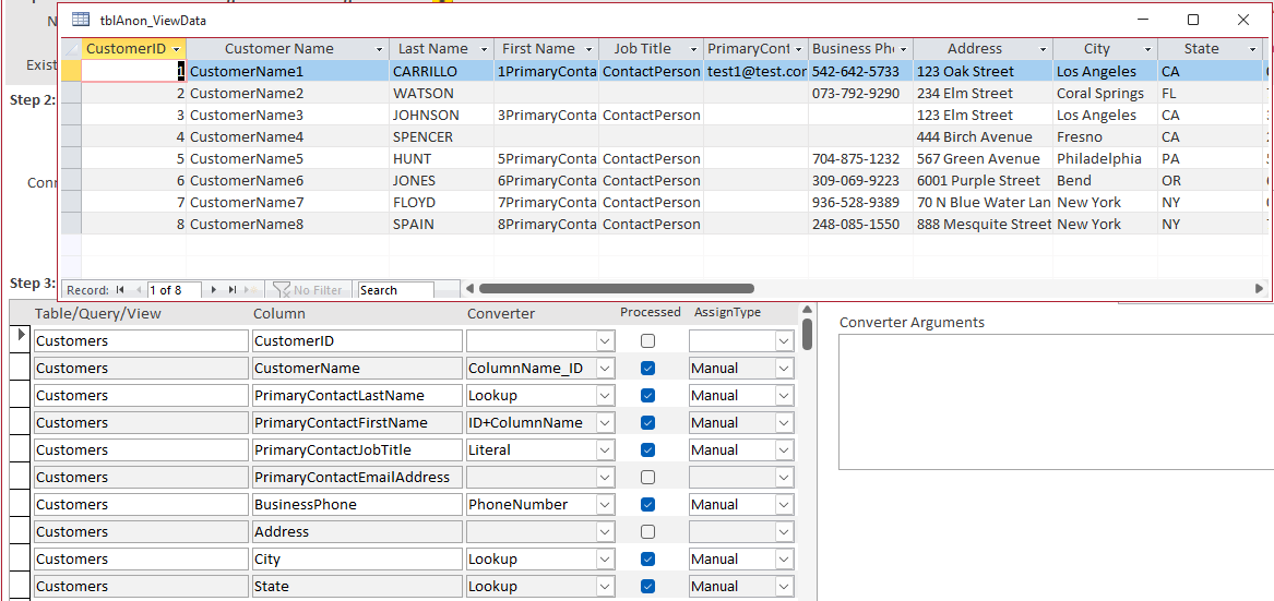 The Anonymize form after applying converters.