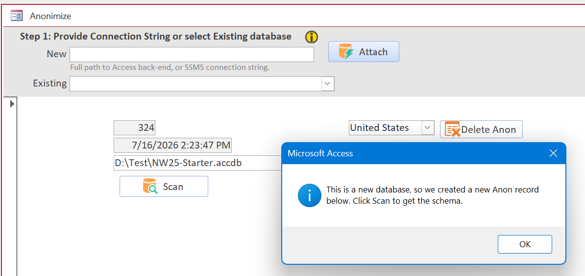 The Anonymize form after clicking Attach.