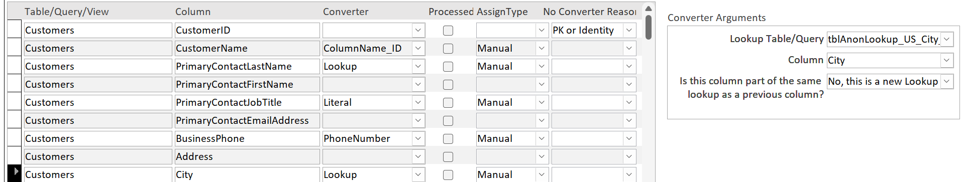 The Anonymize form after selecting a few converters.