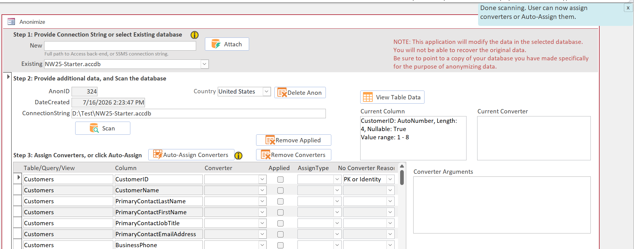 The Anonymize form after clicking Scan.