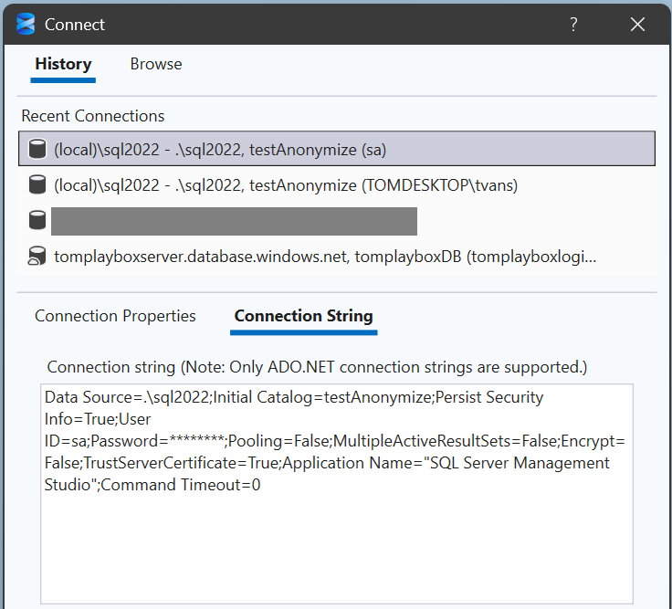 SSMS Connection String tab with ADO.NET connection string.