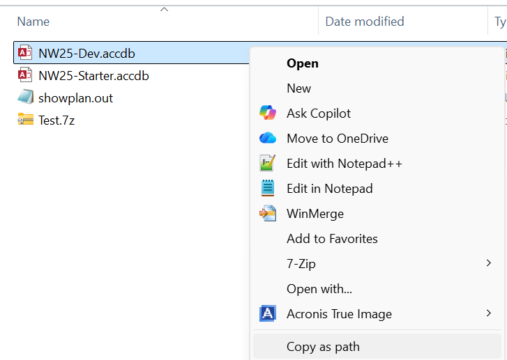 Windows Explorer with Copy as path selected in context menu.