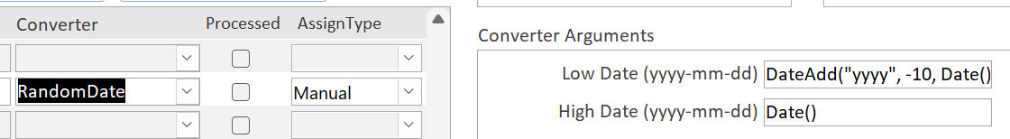 The Anonymize form after setting arguments for RandomDate converter.